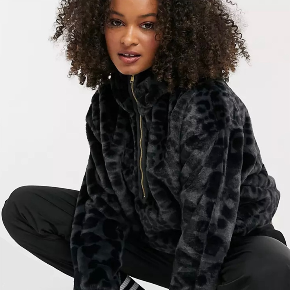 Jordan faux fur hoodie in black and grey leopard print